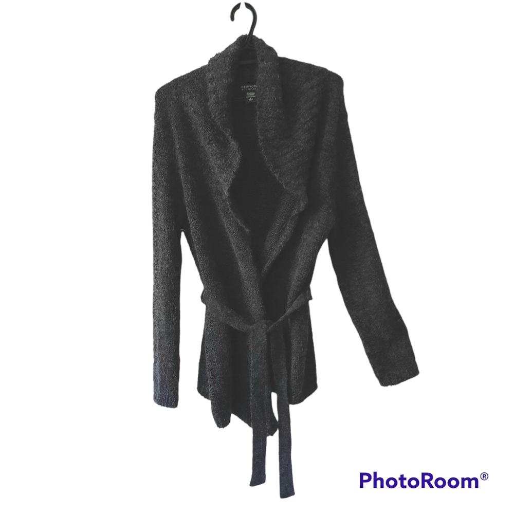 New York & Company Mohair Blend Belted Cardigan Charcoal Knit Sweater Size Large